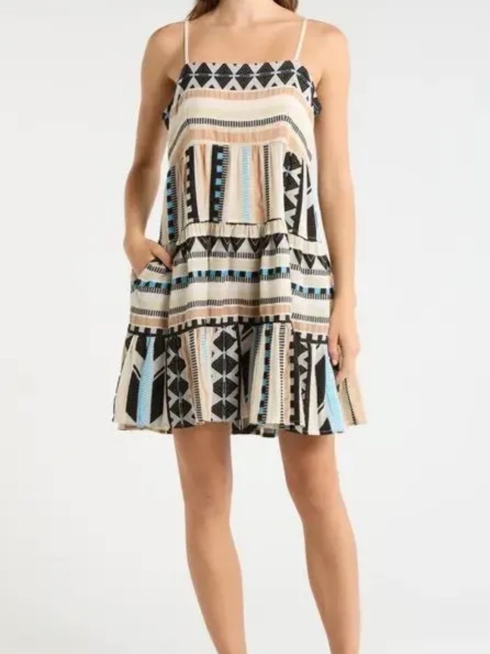 Elan Strappy Geometric Tiered Mini Dress in Black, Cream & Blue Size M